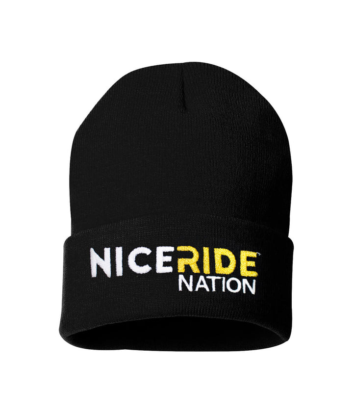 Black cuffed beanie with "NICE RIDE NATION" logo embroidered in white and yellow. Stylish and comfortable beanie.