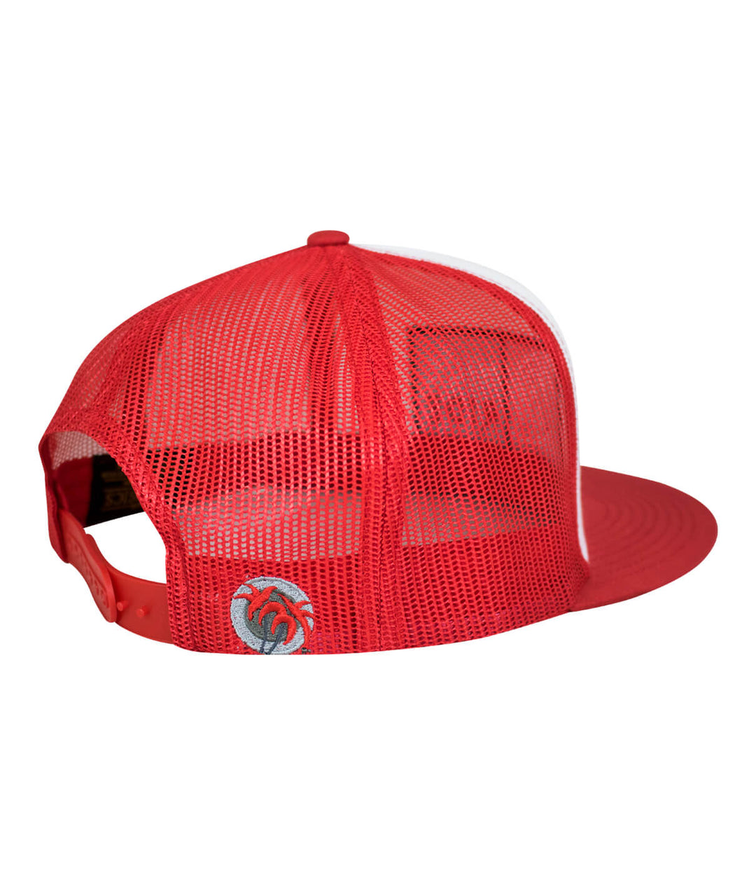 Back view of the N-R Combo Trucker Hat showcasing the mesh design and palm logo embroidered on the side.
