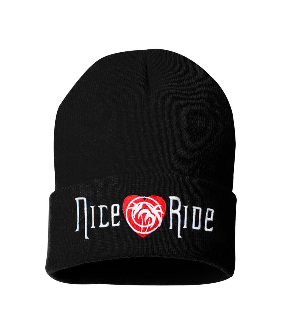 Black cuffed beanie featuring 'Nice Ride' logo and heart design, perfect for casual wear and outdoor activities.
