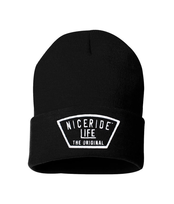 Black beanie with embroidered "Niceride Life The Original" logo on the front, perfect for winter wear.