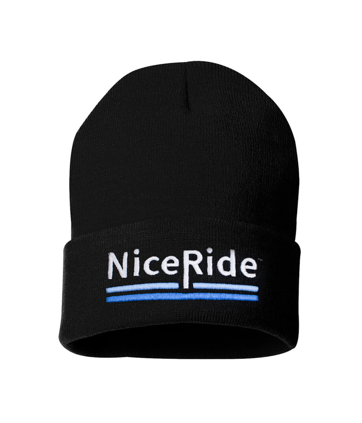 Beanie featuring NiceRide logo embroidered on a black cuffed design.