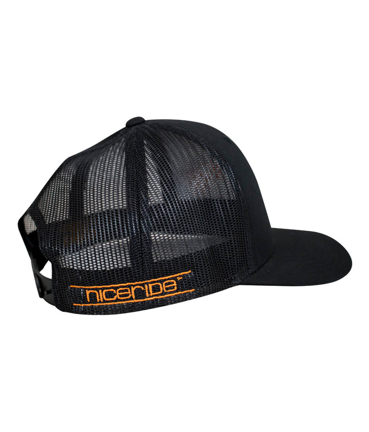 Side view of the NICERIDE Retro Trucker Hat, black mesh cap with embroidered palm logo, classic hat design.