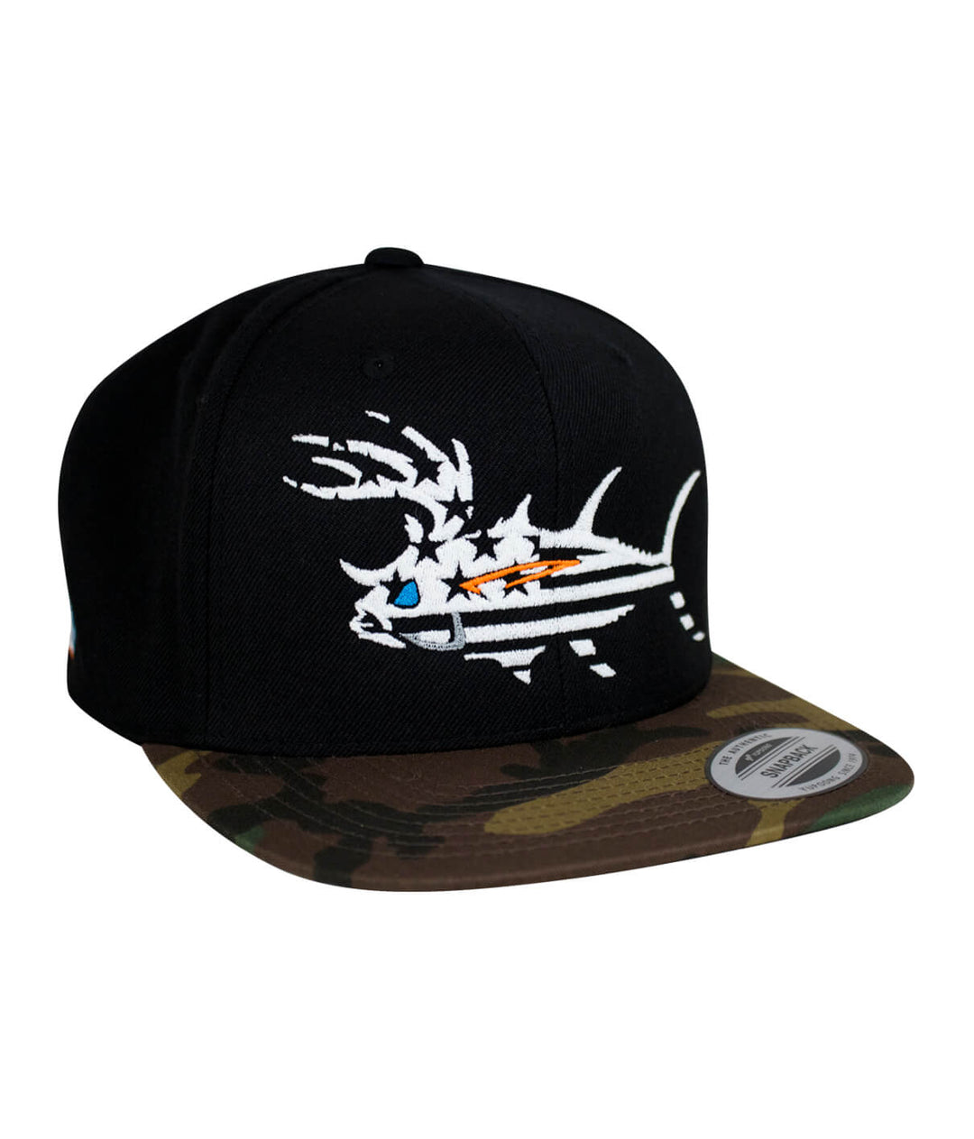 BUCK- EYE FADED GLORY Evening Glow Black &amp; Camo Unisex Flatbill Snapback Hat featuring embroidered design