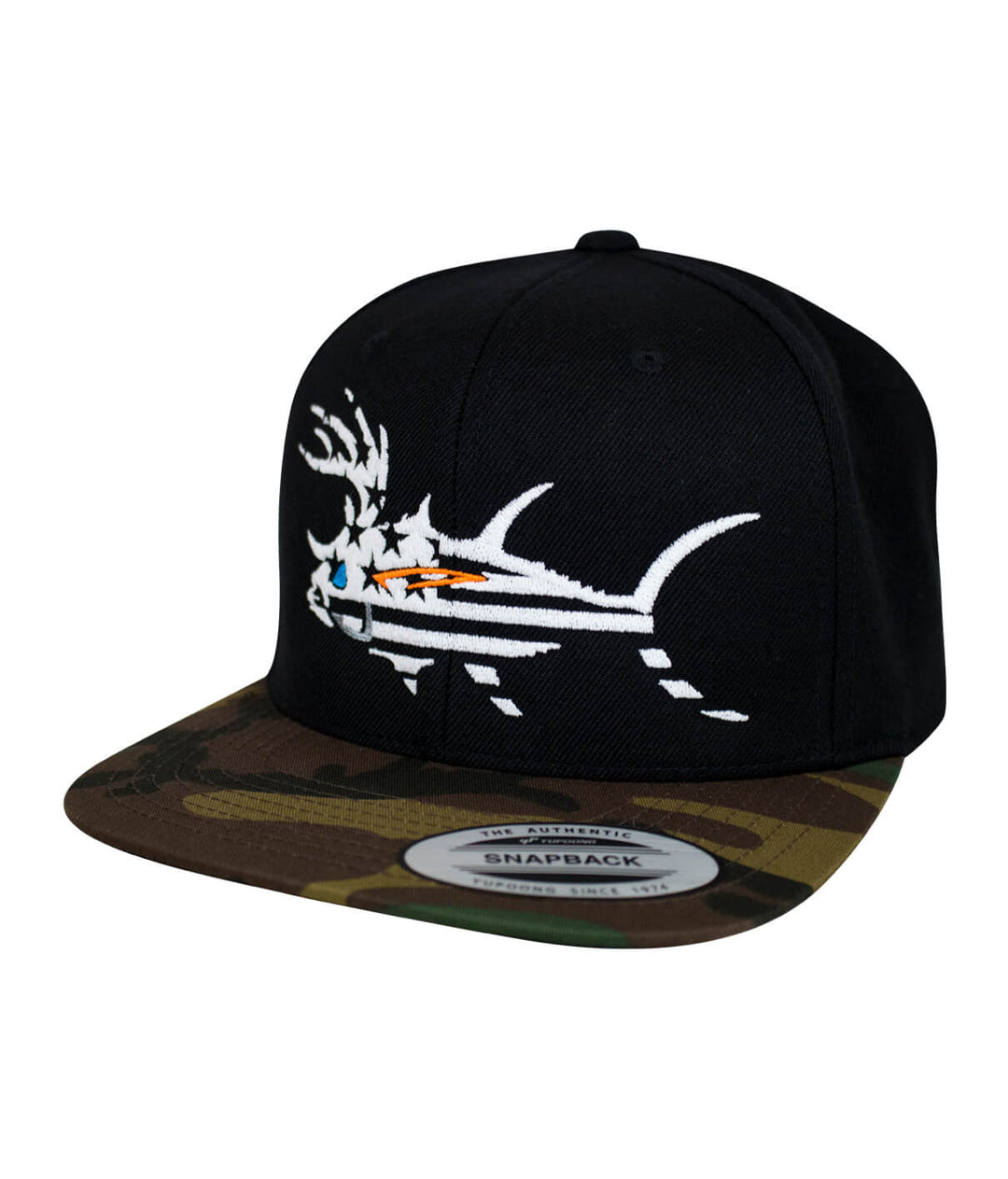 BUCK-EYE FADED GLORY hat in black and camo featuring deer logo, perfect for fishing and outdoor activities.
