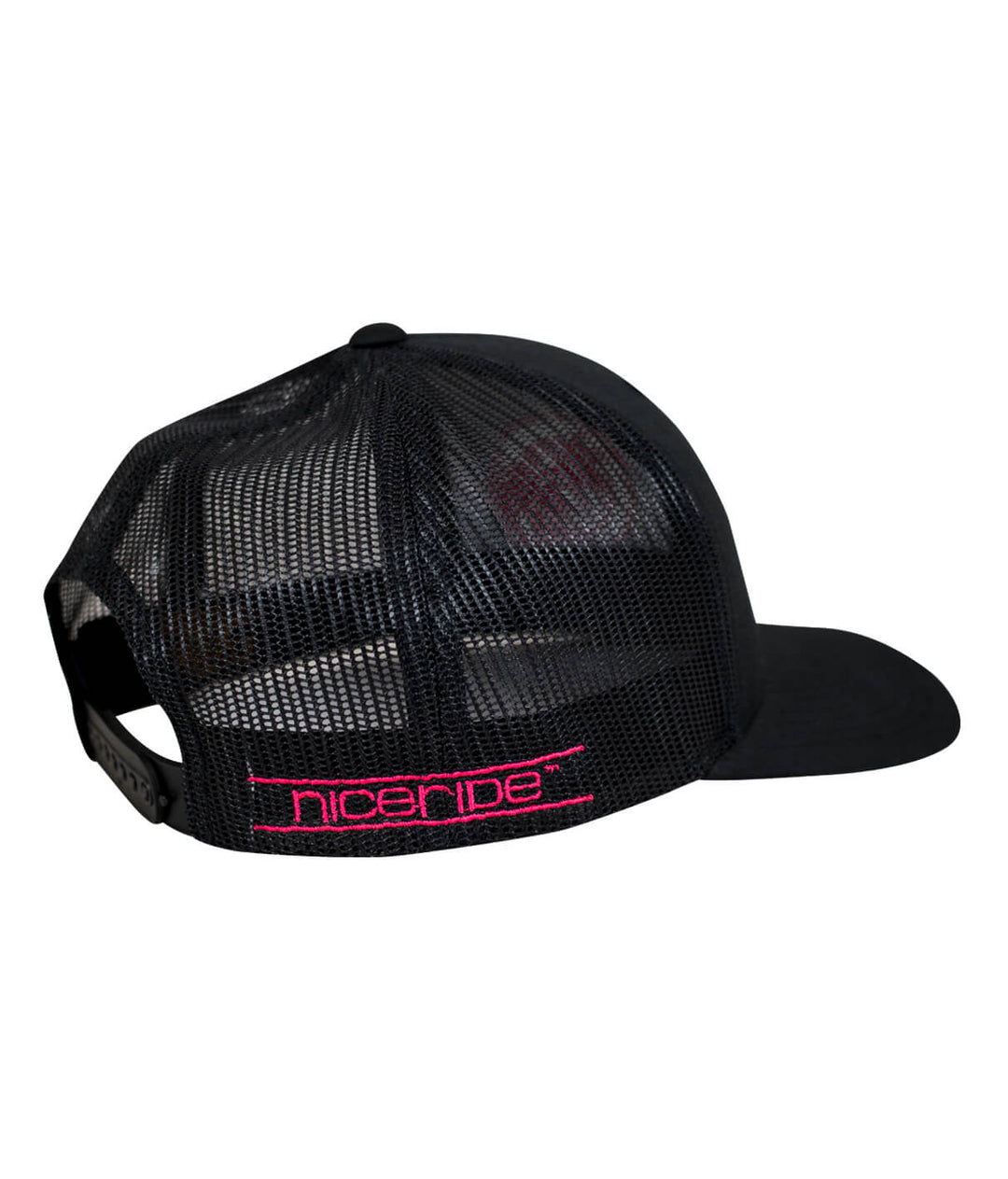 Back view of a black Standout retro trucker hat with NICERIDE logo embroidered in pink.