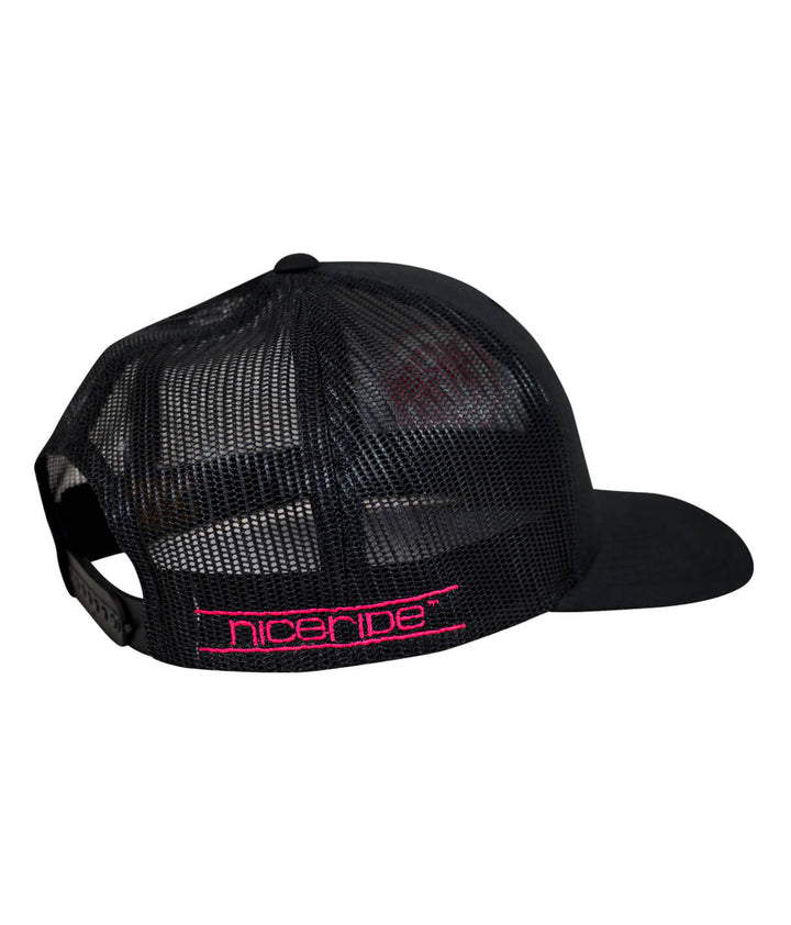 Back view of a black Standout retro trucker hat with NICERIDE logo embroidered in pink.