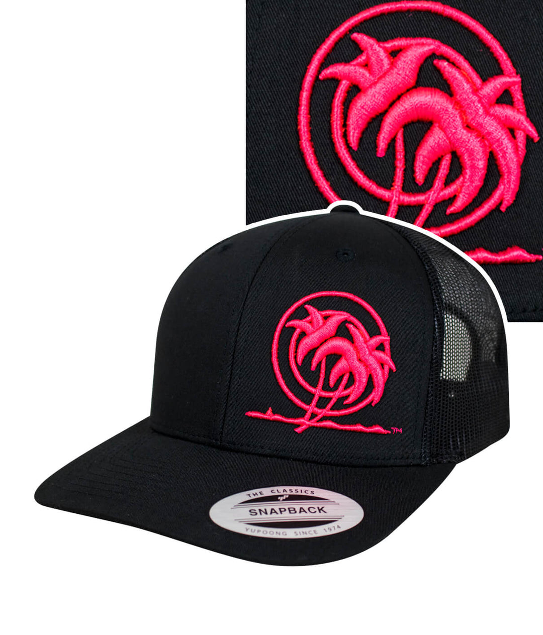 Standout Retro Trucker Hat featuring NICERIDE's Palm Logo embroidered in pink on black background.