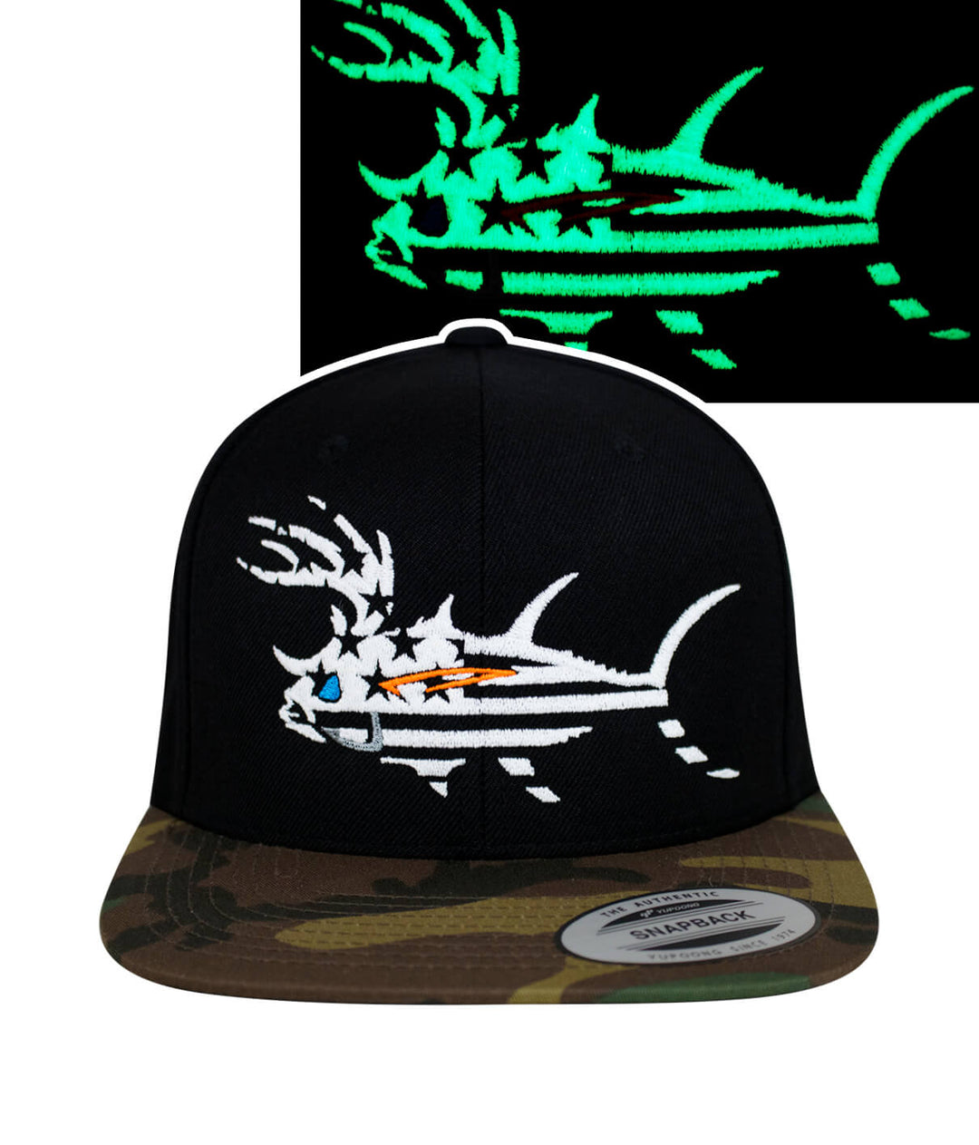 A black and camouflage cap with a glow in the dark fish embroidered on it.