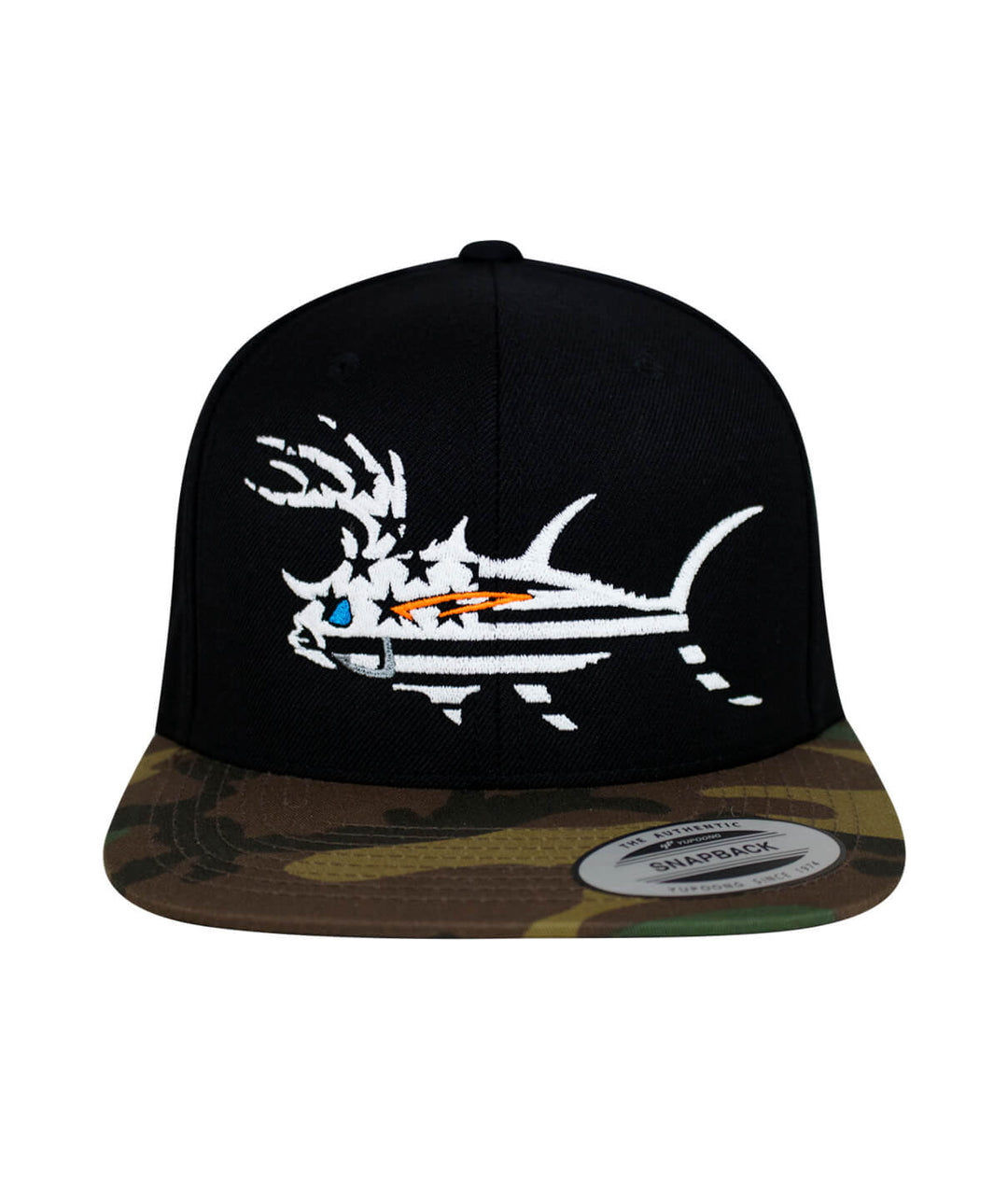 BUCK- EYE FADED GLORY Evening Glow Black &amp; Camo Unisex Flatbill Snapback Hat featuring embroidered design.
