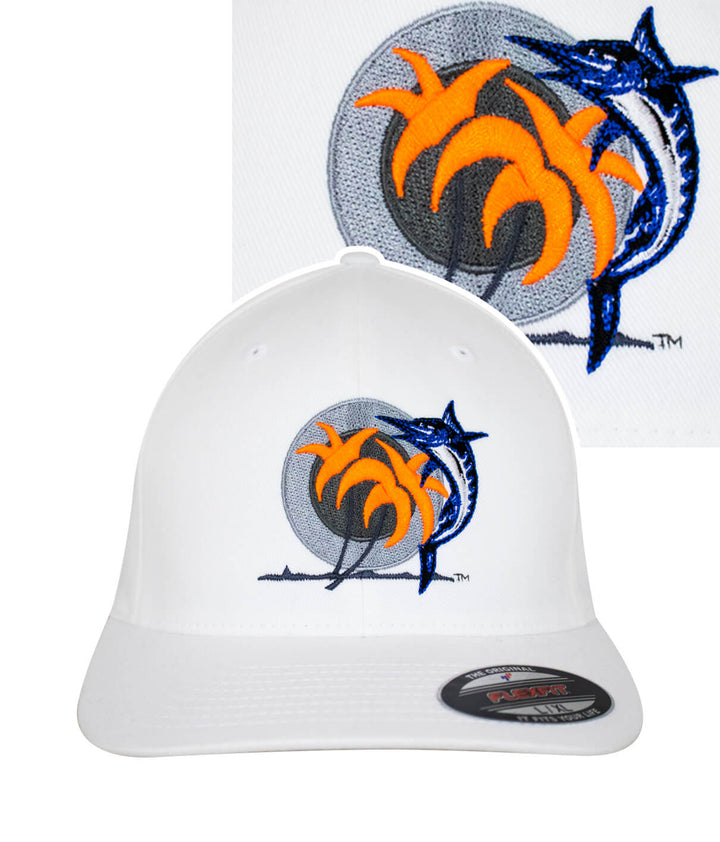 Catch and Release Classic Flexfit Hat featuring embroidered design with orange palms and blue marlin.