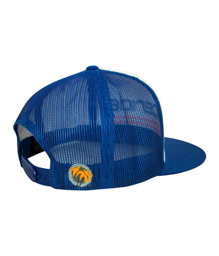 Back view of the On The Water - Center Royal Blue Trucker Hat showcasing NICERIDE logo, designed as a classic hat.
