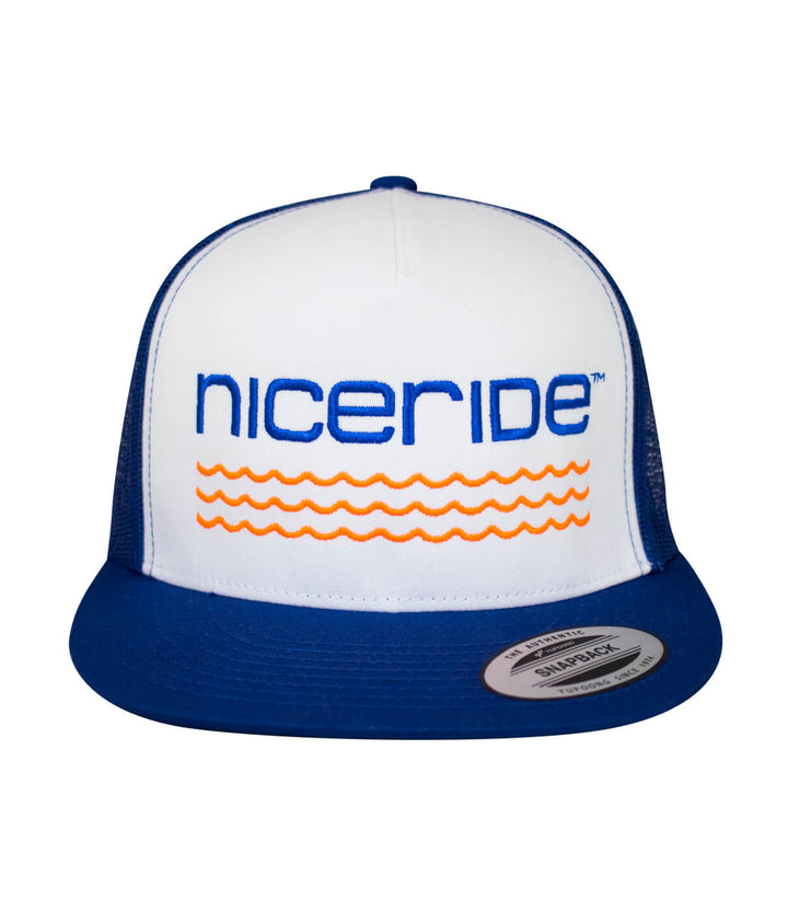 On The Water - Center Royal Blue Trucker Hat featuring NICERIDE logo, a stylish hat for outdoor enthusiasts.