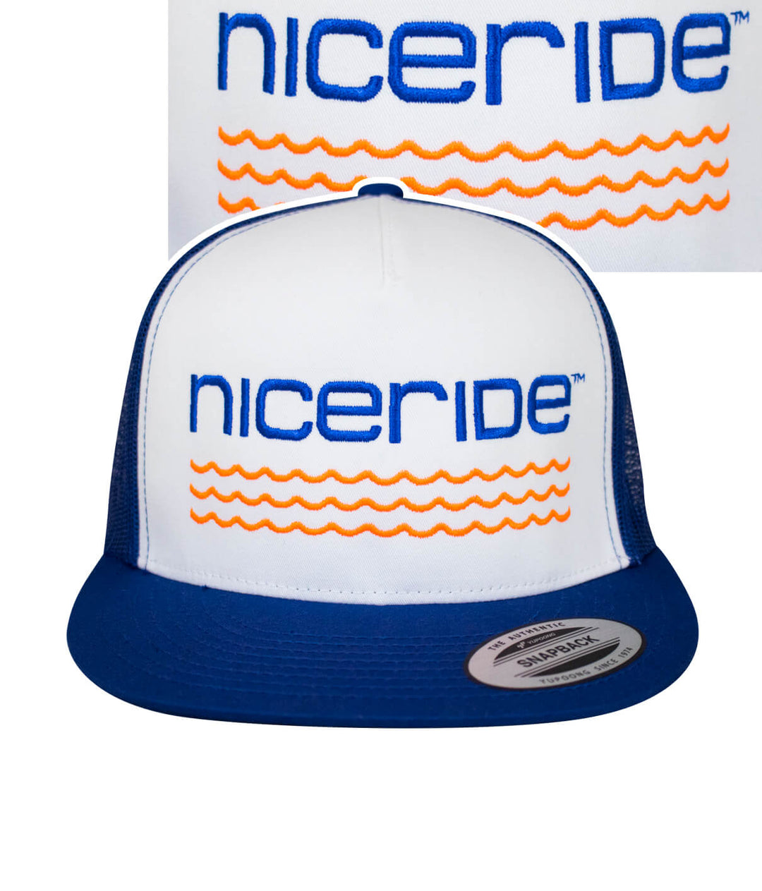 On The Water - Center Royal Blue Trucker Hat featuring NICERIDE logo and wave design.