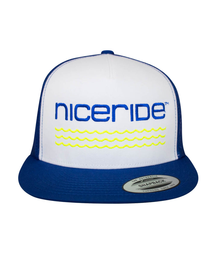 Royal Blue Trucker Hat featuring NICERIDE logo design and waves, perfect for outdoor adventures, a stylish hat choice.