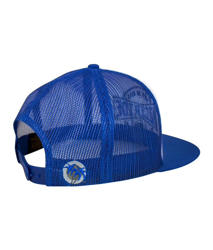 Back view of a blue snapback Trucker Hat featuring NICERIDE&