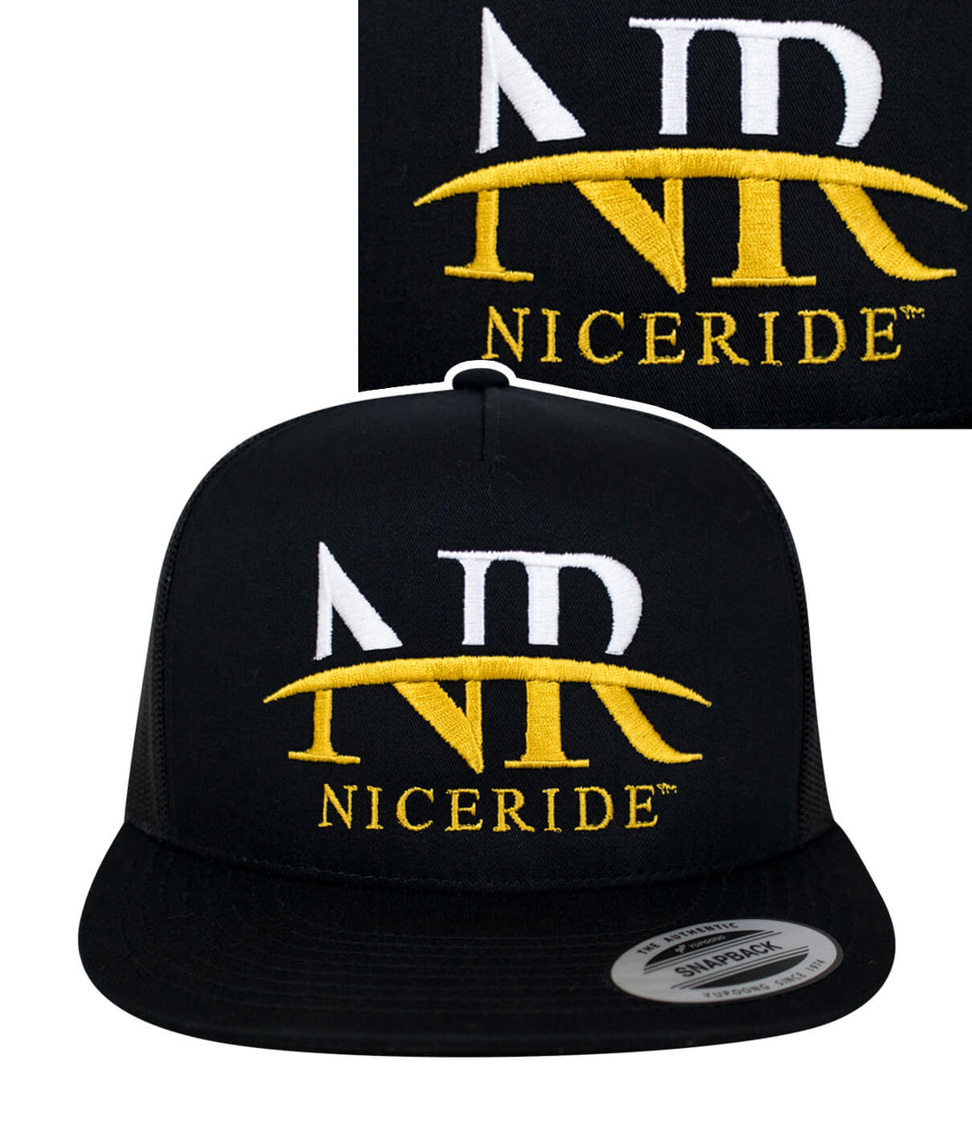 Black snapback hat featuring NICERIDE's embroidered logo on the front panel, stylish and comfortable for everyday wear.