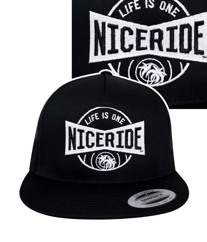 Black Trucker Hat featuring NICERIDE logo and embroidered design, perfect for stylish outdoor wear.
