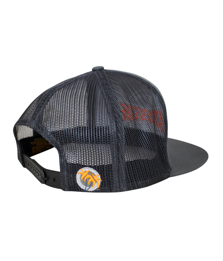 Back view of the charcoal trucker hat featuring NICERIDE&
