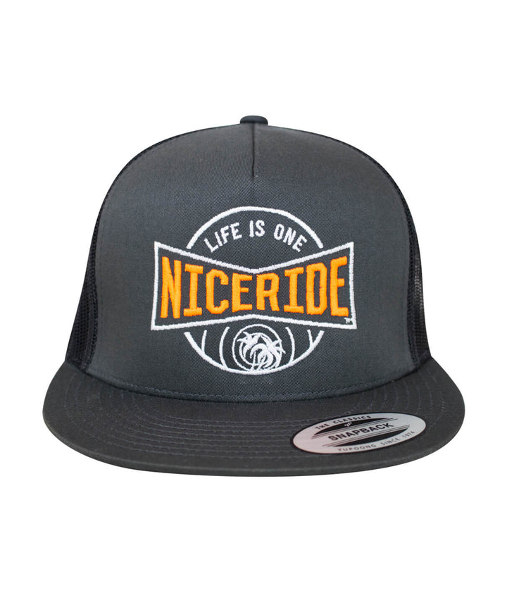 Charcoal trucker hat featuring NICERIDE logo, perfect hat for style and comfort.