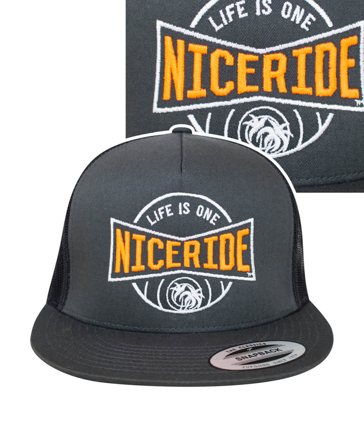 Charcoal trucker hat featuring NICERIDE logo, perfect for casual wear and outdoor activities, showcasing the brand&