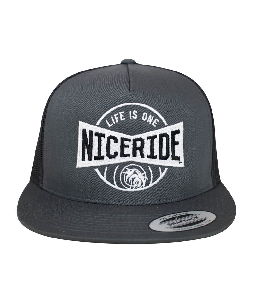 Bow Tie Charcoal Trucker Hat by NICERIDE, featuring logo, classic snapback design, perfect hat for casual wear.