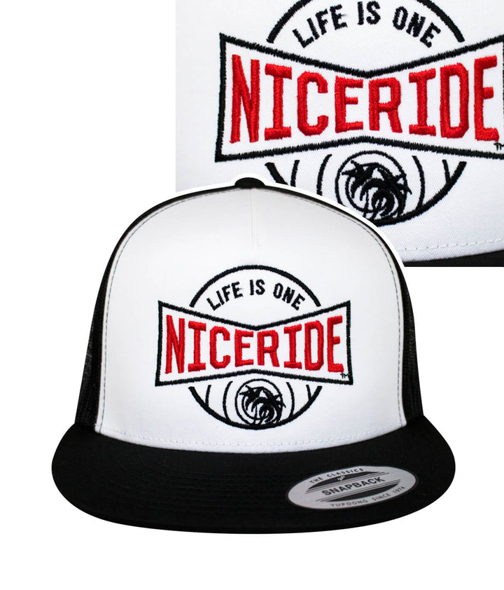 White and black NICERIDE snapback hat with embroidered logo and phrase "LIFE IS ONE".