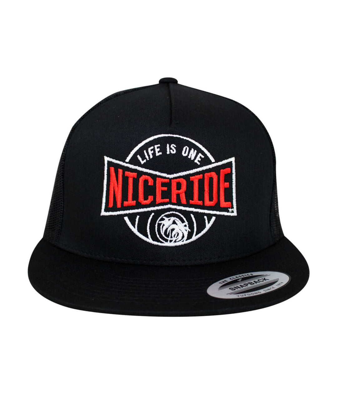 Black NICERIDE trucker hat with embroidered logo featuring the slogan "LIFE IS ONE" on the front panel.