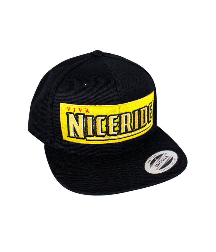 Viva Life snapback hat featuring NICERIDE embroidered design in black and yellow colors.