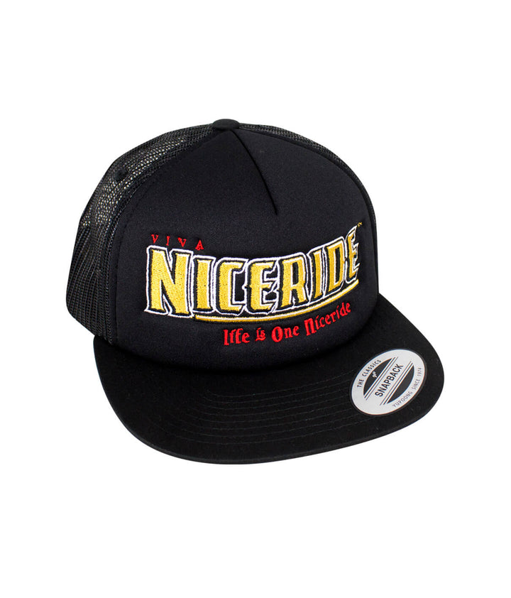 Viva NICERIDE Foam Trucker Baseball Cap, hat with embroidered design and black mesh back.