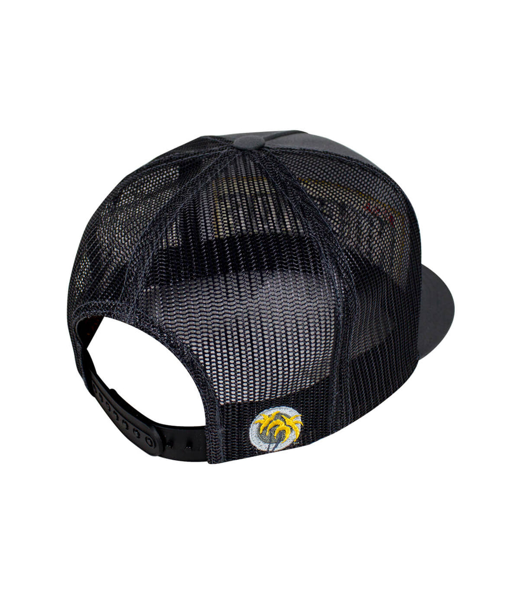 Back view of a black mesh snapback trucker hat with embroidered palm logo and adjustable strap.