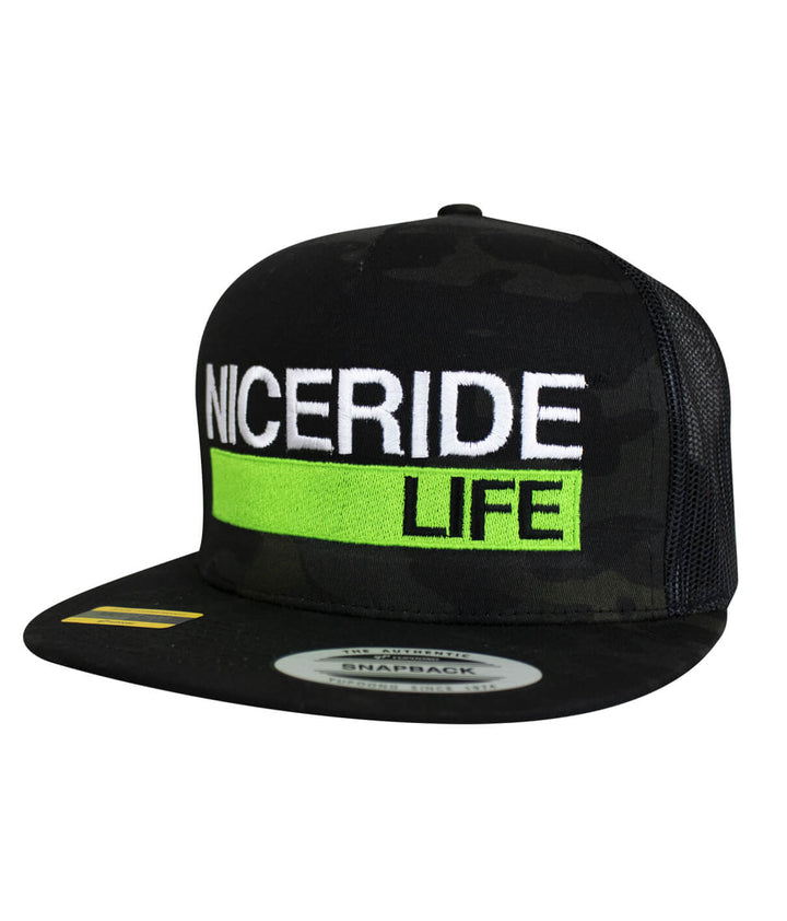 NICERIDE Life snapback hat featuring a camo design and vibrant green details, perfect for outdoor adventures.