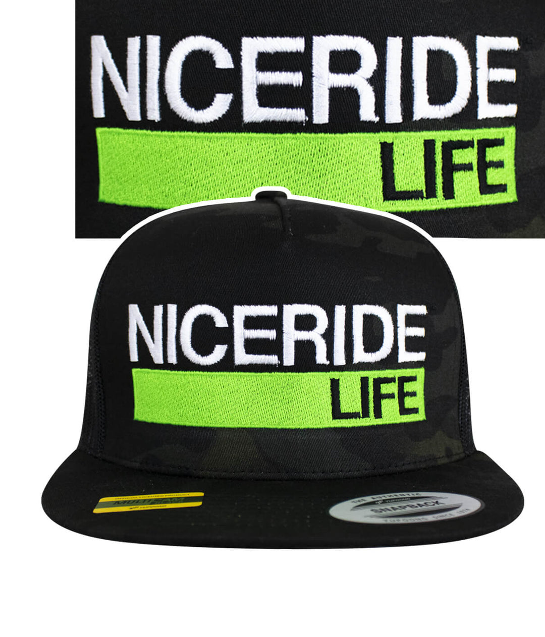 NICERIDE Life Trucker Hat featuring bold embroidery design with black background and green accents, stylish hat for casual wear.
