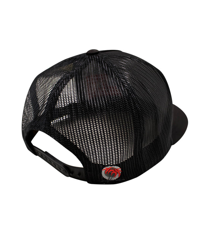 back view of NICERIDE PRIDE hat, a black snapback trucker cap with mesh and logo detail on the side.