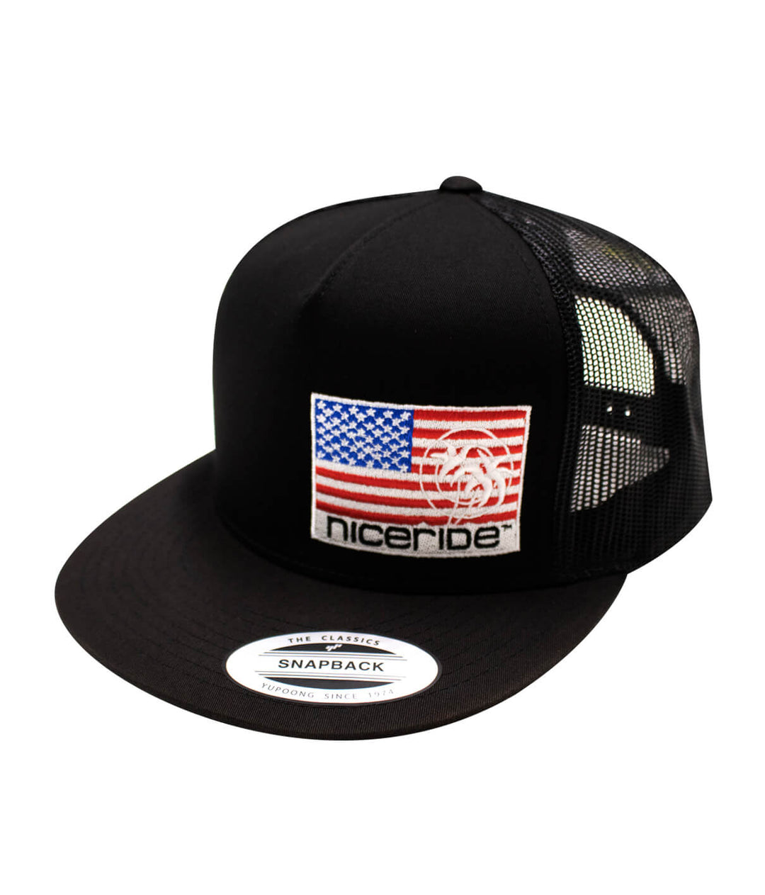 NICERIDE PRIDE - LP trucker hat featuring American flag design and embroidered logo.