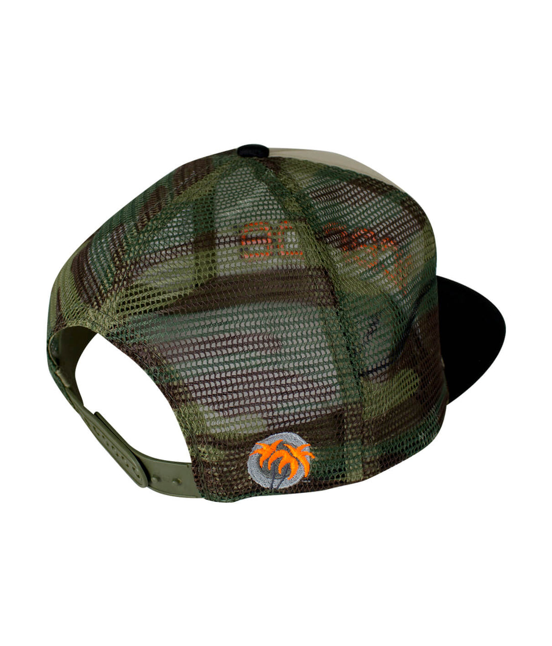 Back view of a camo foam trucker hat showcasing the NICERIDE logo, ideal for outdoor enthusiasts and casual wear.