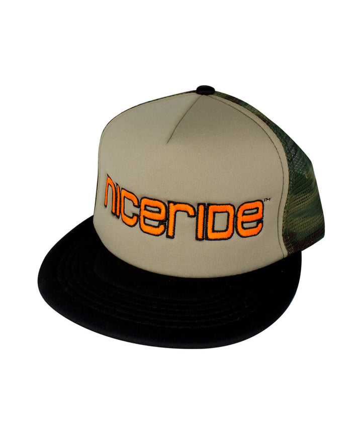 Bold Tower camo foam trucker hat with NICERIDE logo embroidered on front panel, perfect for outdoor style.