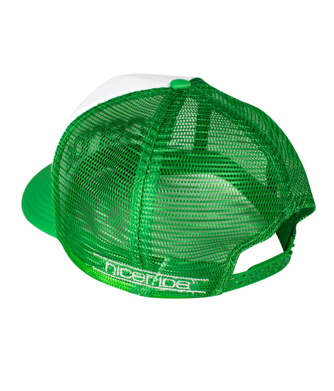 Back view of a green Foam Trucker Hat featuring NICERIDE logo, perfect for casual and holiday wear.