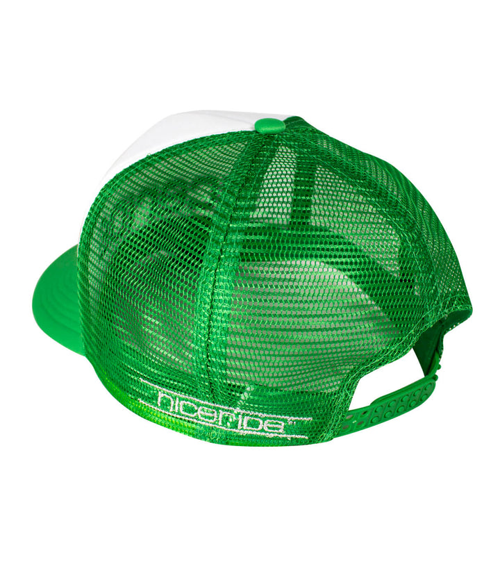 Back view of a green Foam Trucker Hat featuring NICERIDE logo, perfect for casual and holiday wear.
