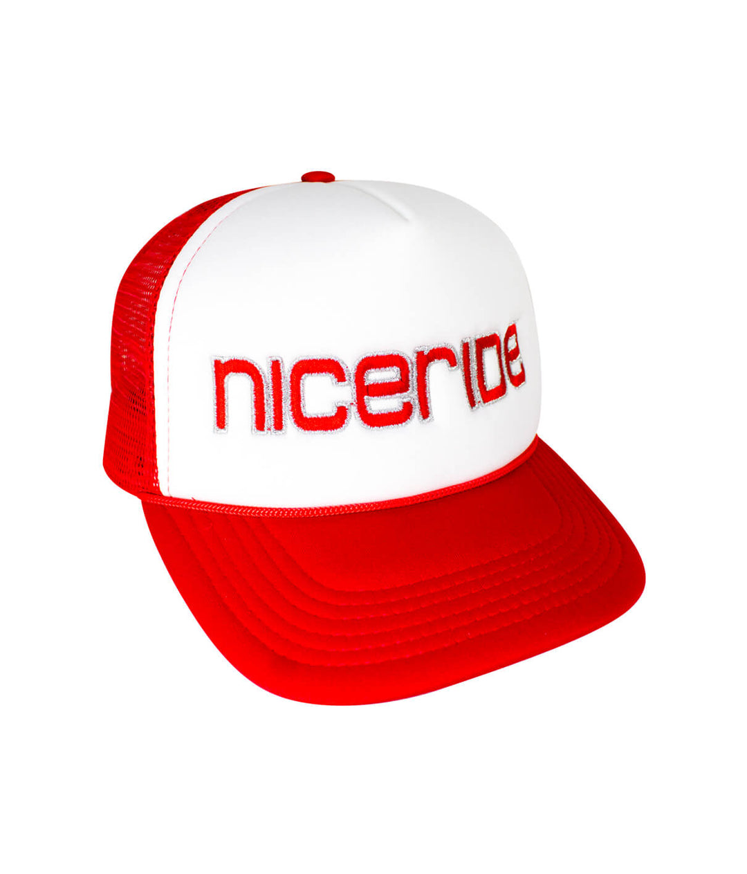 Bold Holiday Foam Trucker Hat featuring embroidered NICERIDE logo on front and side.