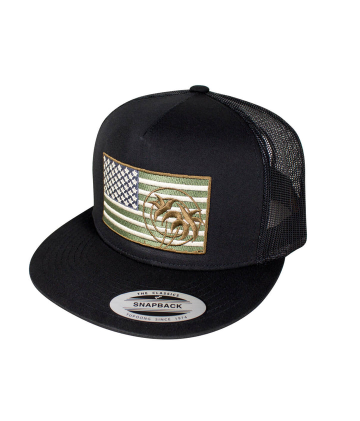 Strong Trucker Hat featuring American flag embroidery, ideal hat for stylish casual wear.