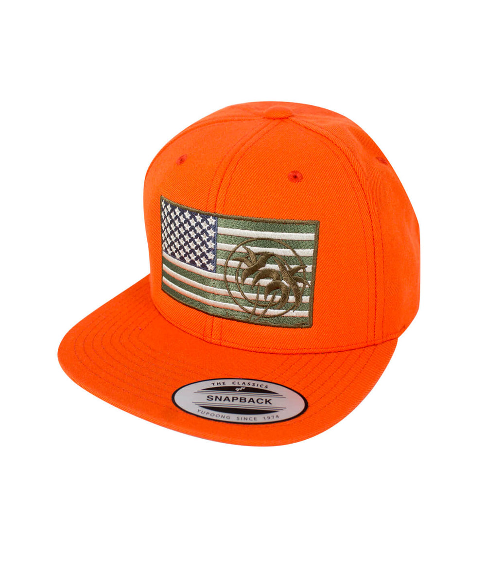 Strong Camo Orange Snapback Hat with American flag and NICERIDE logo, designed and made in the USA.