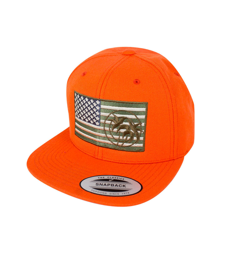 Strong Camo Orange Snapback Hat with American flag and NICERIDE logo, designed and made in the USA.