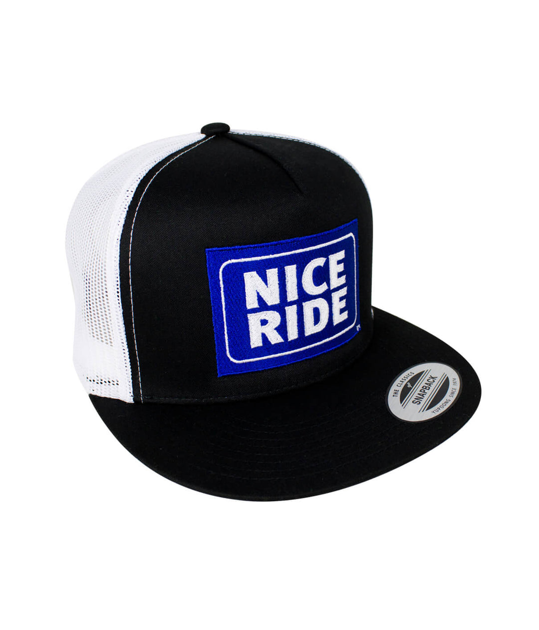 "Shield" Trucker Hat featuring NICERIDE design, classic snapback style. Ideal hat for stylish casual wear.