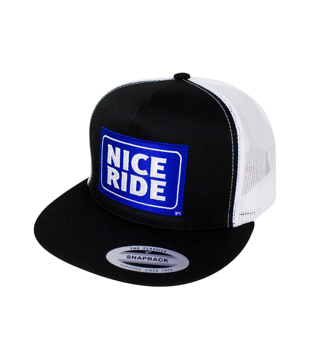 black and white "Shield" Trucker Hat featuring NICERIDE logo, perfect hat for casual wear.
