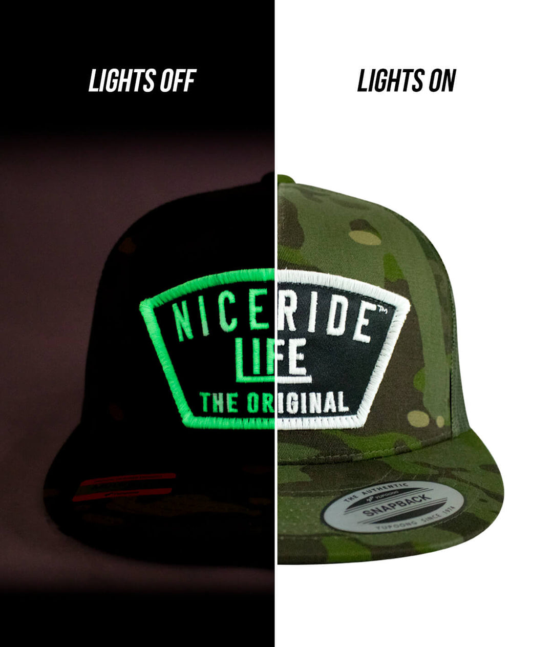 Grinder hat showing lights off and lights on effect, featuring NICERIDE Life logo, designed for a stylish casual look.