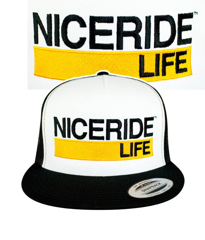 Gold Bar Trucker Hat featuring NICERIDE logo and Life design, classic snapback hat made in the USA.