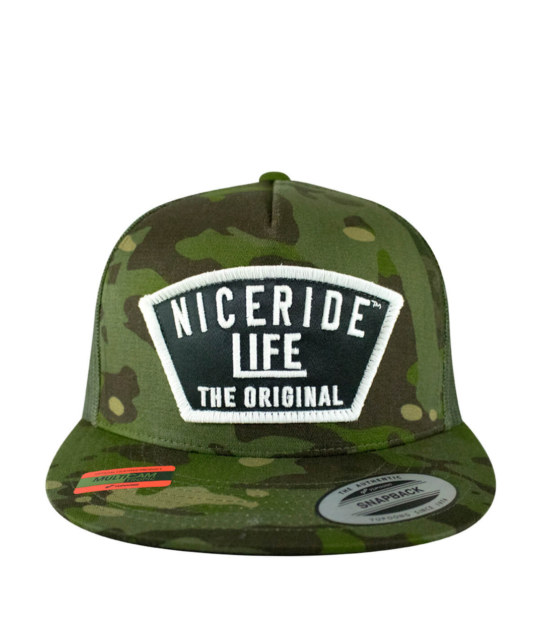 Grinder Trucker Hat by NICERIDE featuring a camo design and embroidered logo, perfect stylish hat for outdoor enthusiasts.