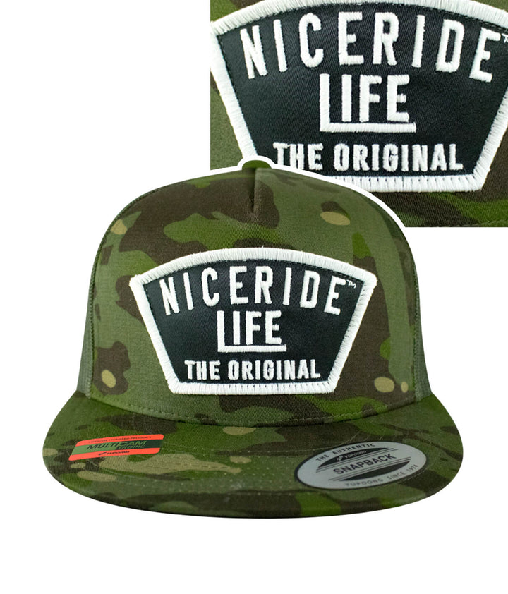 NICERIDE Life The Original snapback hat in camo design with embroidered patch on front.