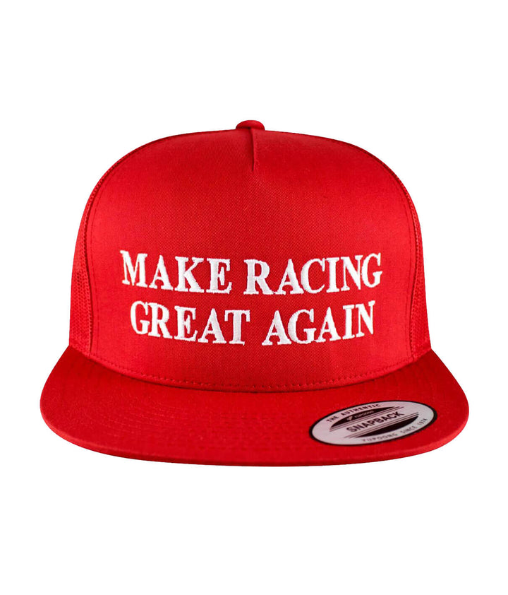 Make Racing Great Again hat in red color, featuring classic meshback design and embroidered slogan on front.