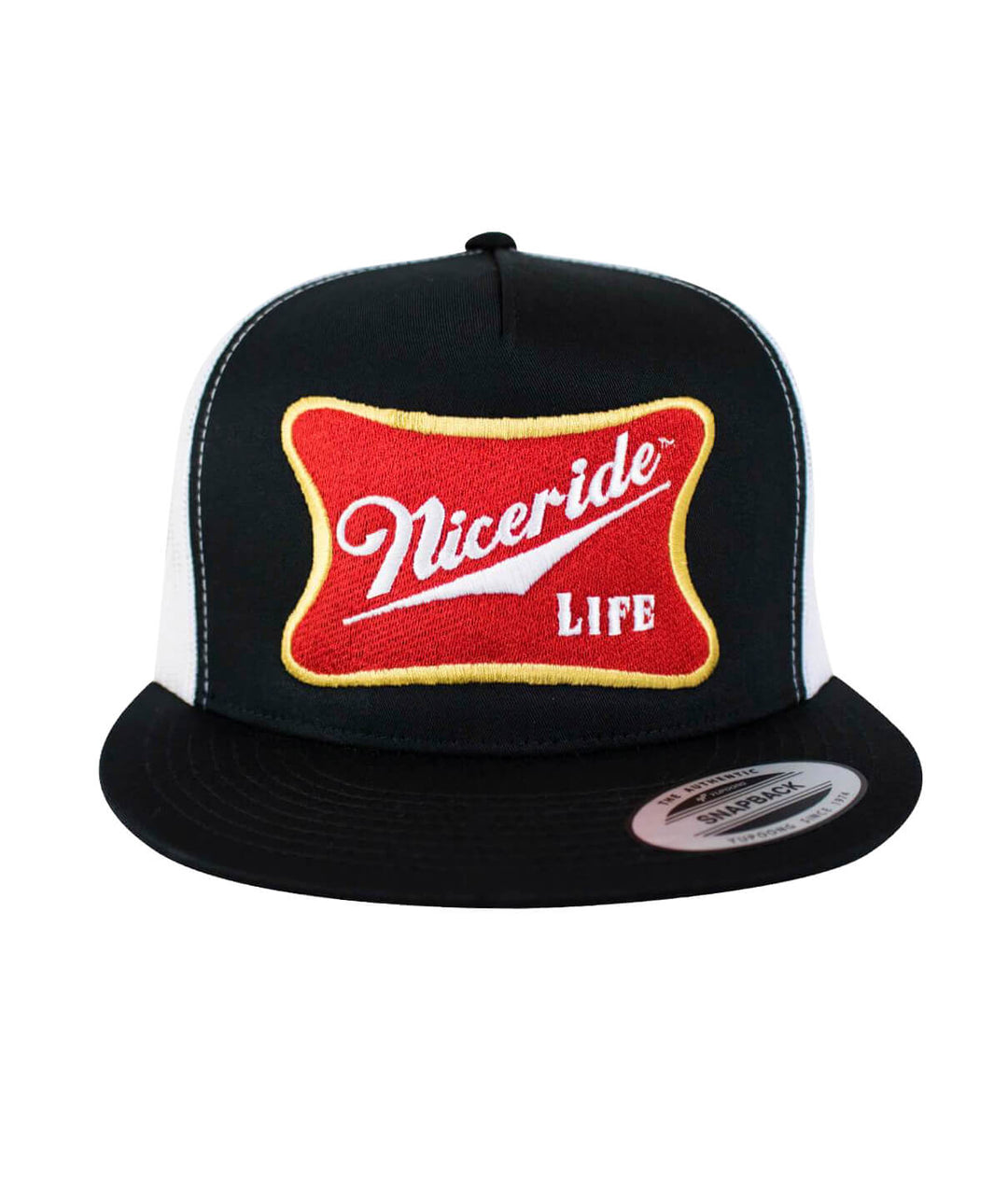 Biscuit Trucker Hat featuring NICERIDE design and classic palm logo, a stylish baseball hat.